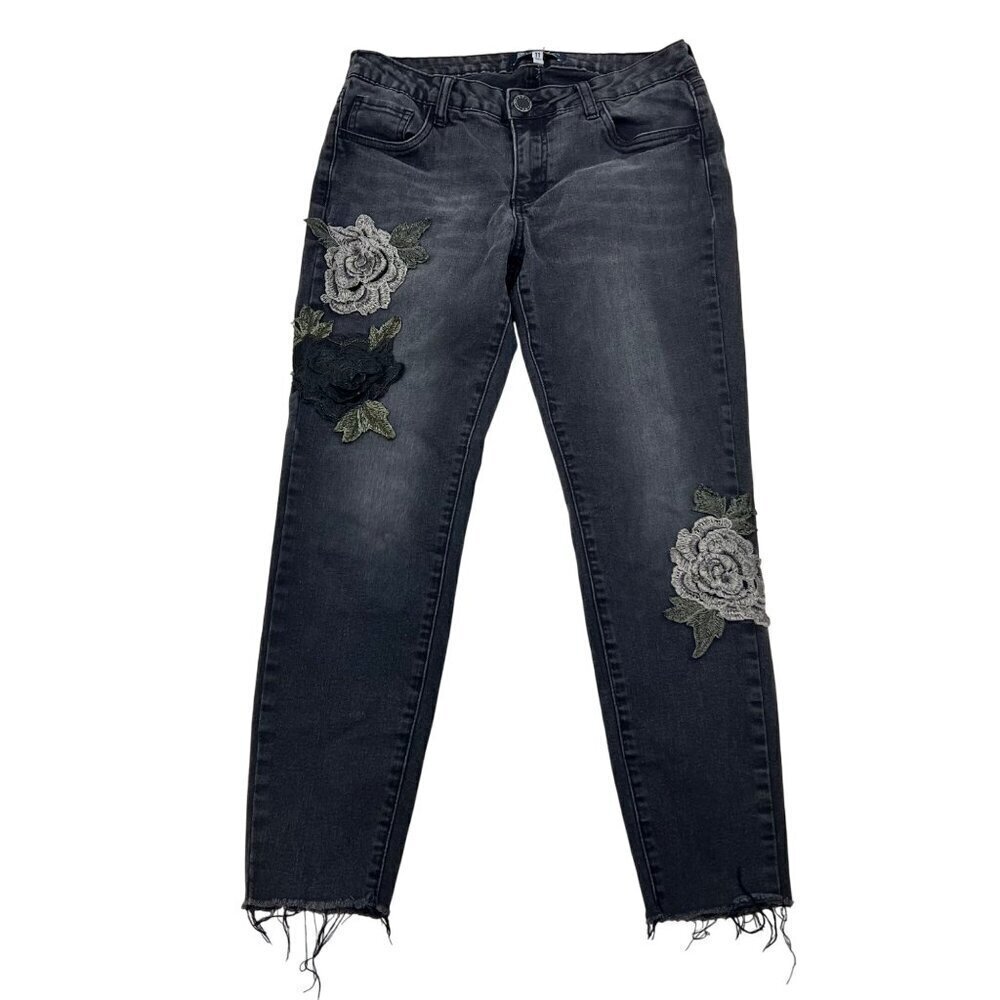 Boom Boom Jeans Embroidered Floral Cropped Jeans Gray/Multi Size 11 Raw Cuff